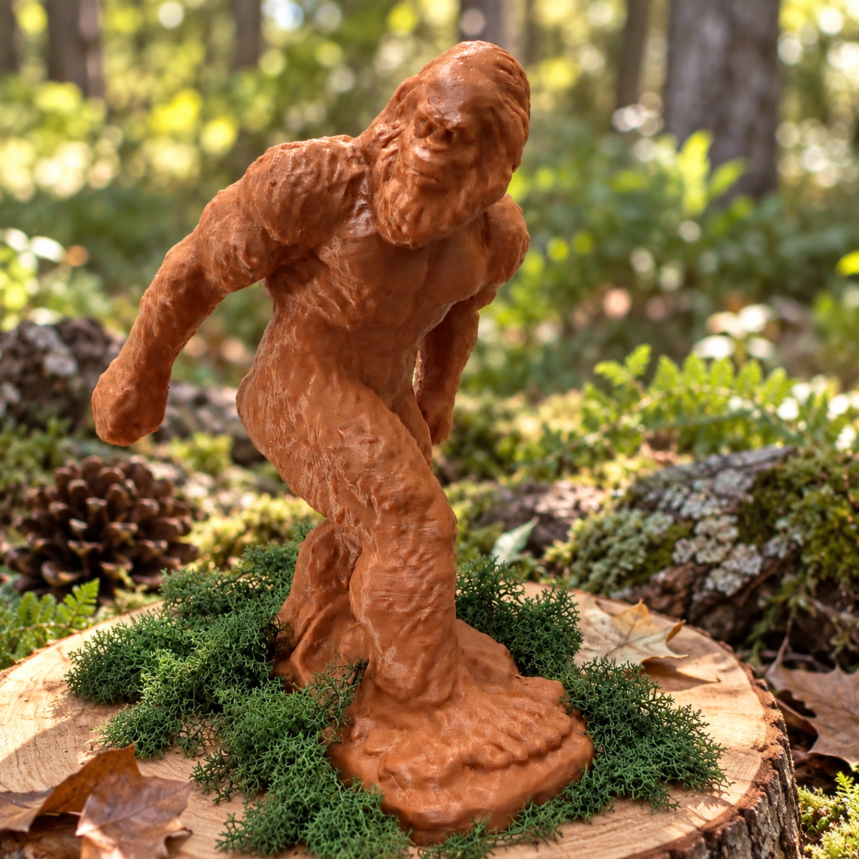 Brown 3D-printed Bigfoot figurine standing on a wooden display with moss