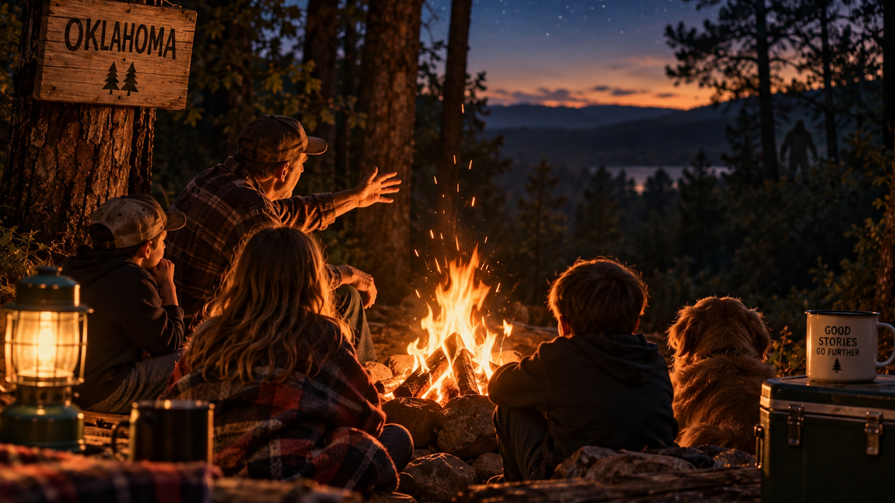 An illustrated Oklahoma campfire scene at dusk, with a family listening to stories beneath tall trees